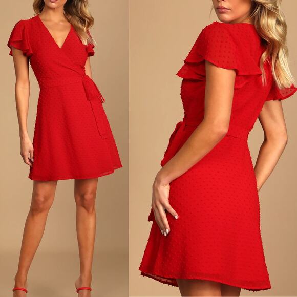 Lulus Much to Celebrate Red Swiss Dot Flutter Sleeve Wrap Mini Dress - Picture 1 of 14